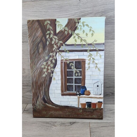 12x16 Painting On Canvas "Window, Tree and Cat" Americana-Unknown Artist - Picture 3 of 10